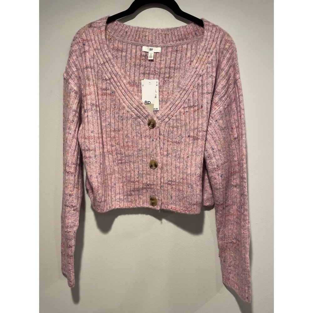 BP Nordstrom Space Dye V-Neck Crop Rib Cardigan In Pink Multi Sz M Button Up